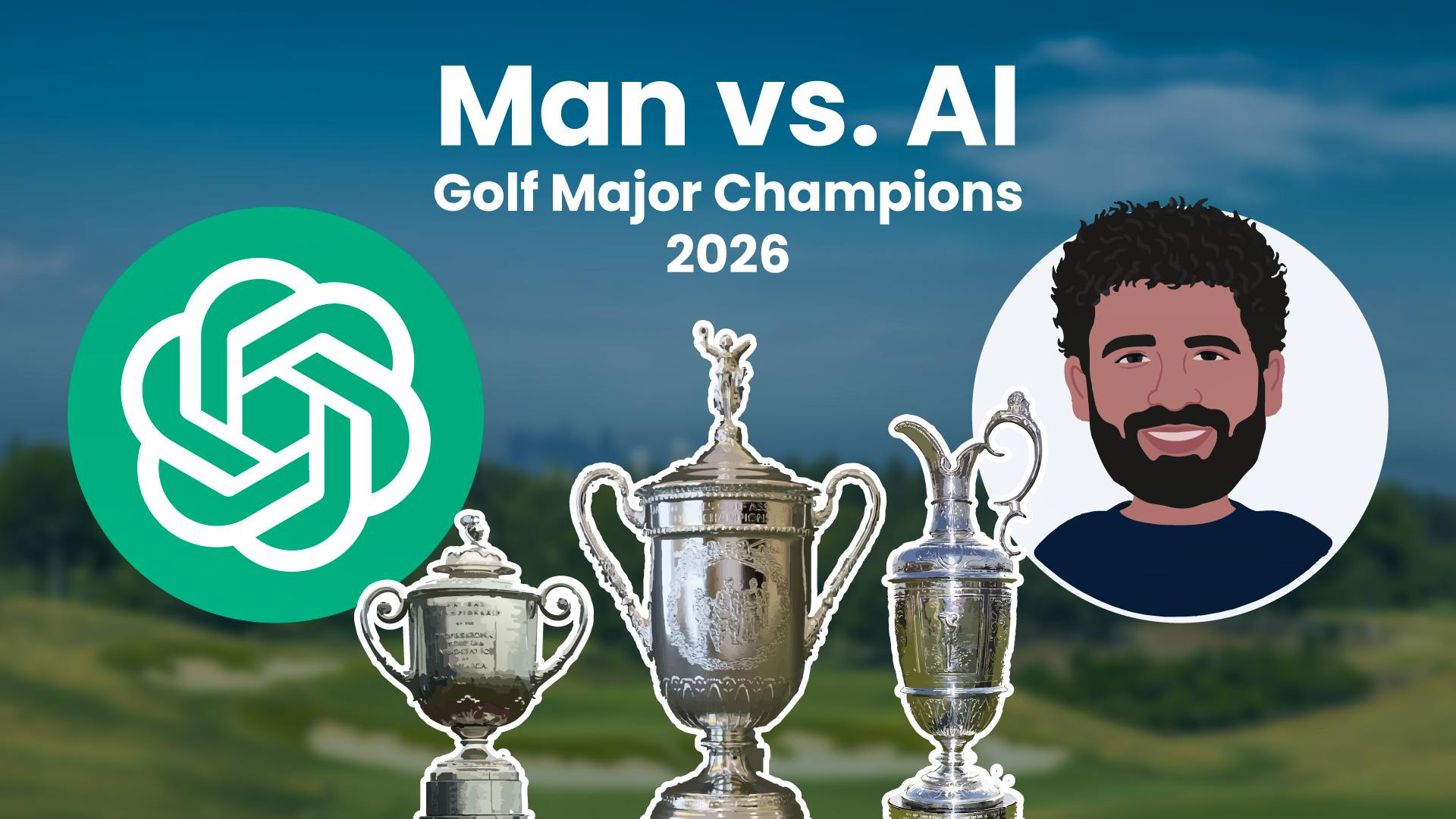 The ChatGPT logo on the left and a character on the right, with the US Open, PGA Championship and The Open trophies at the bottom.
